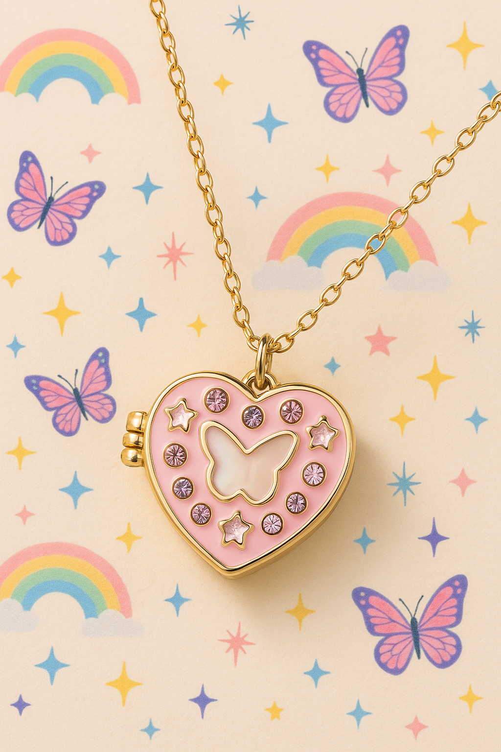 Pink Butterfly Heart Locket