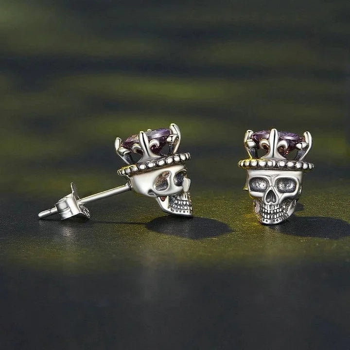 925 Sterling Silver Skull Stud Earrings with Zircon Inlay – White Gold Plated