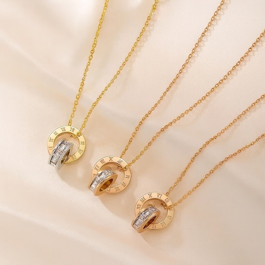 Exquisite Double Ring Roman Numeral Zircon Necklace – Waterproof Non-Tarnish PVD