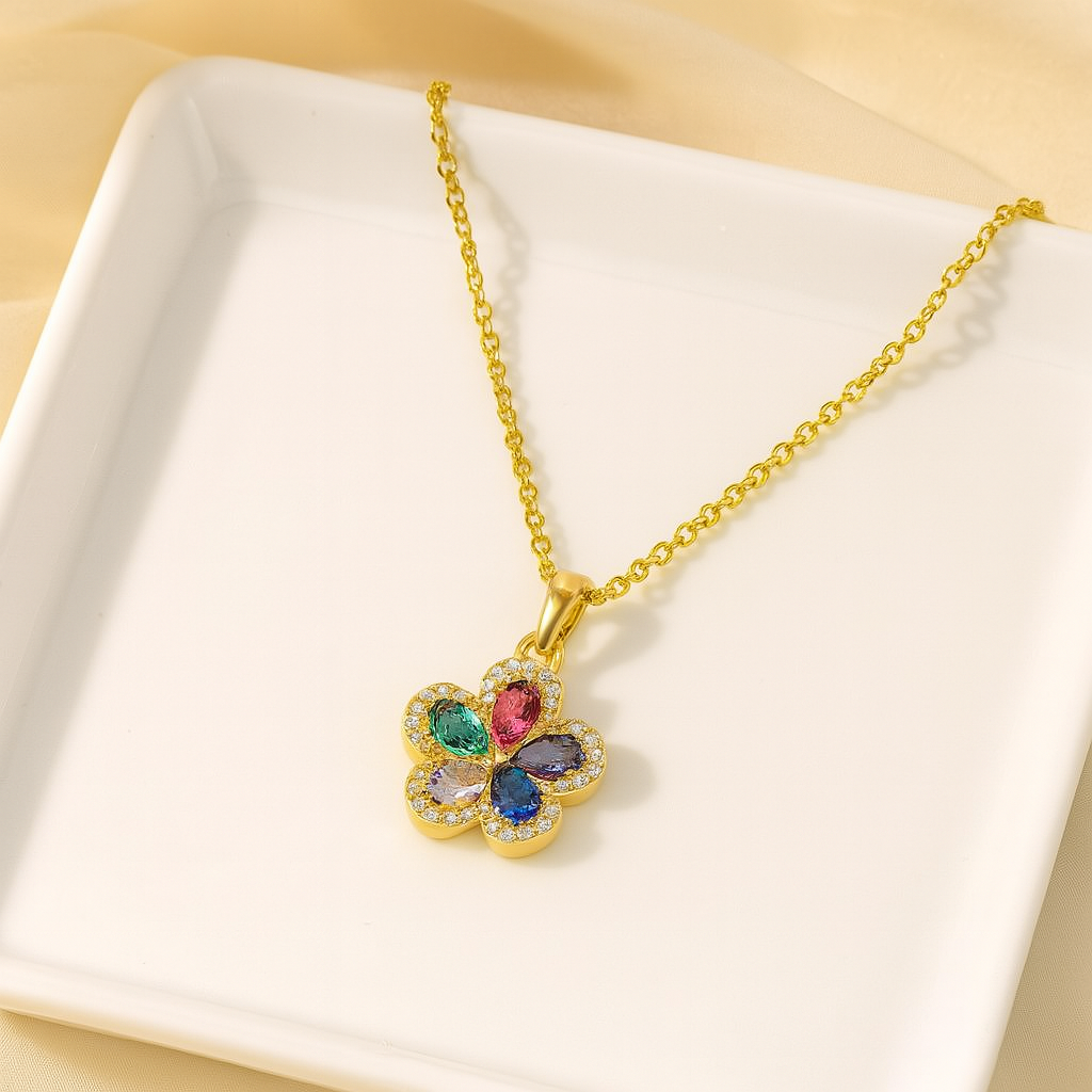 Rainbow Flower Titanium Steel Plating Inlay Zircon Gold Plated Pendant Necklace