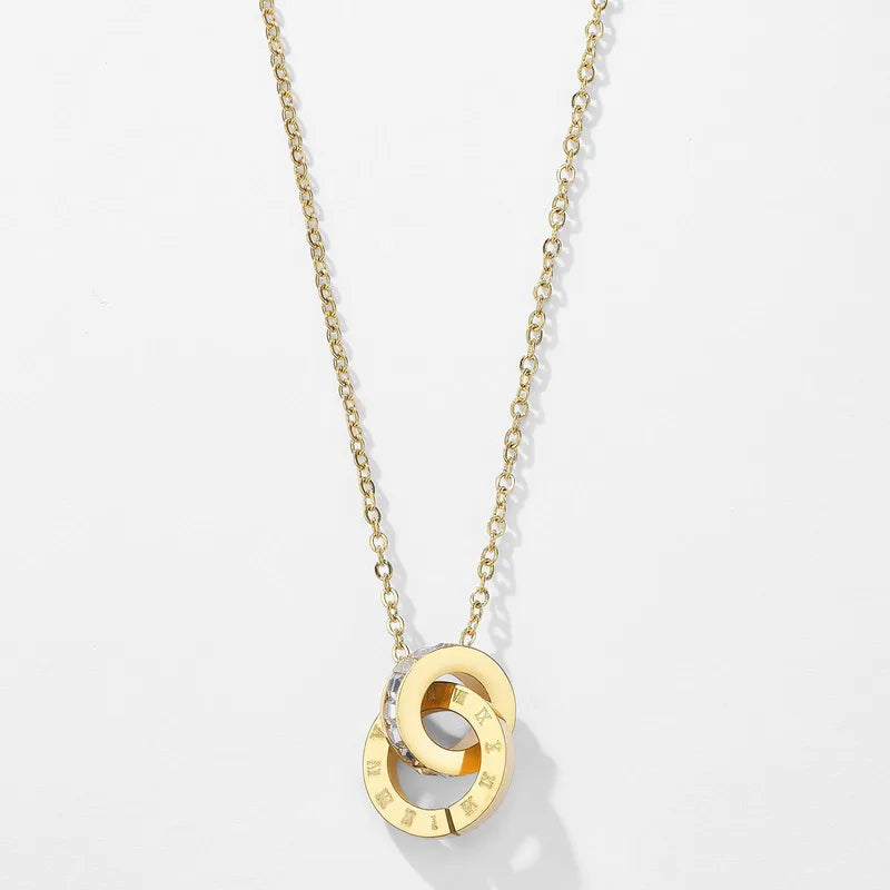 Exquisite Double Ring Roman Numeral Zircon Necklace – Waterproof Non-Tarnish PVD