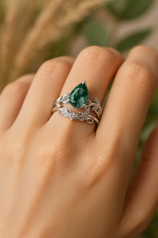 Moss Agate Ring Set – 925 Sterling Silver