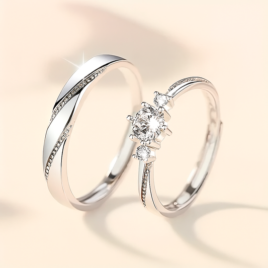 Silver Couple Rings with Synthetic Zirconia Adjustable
