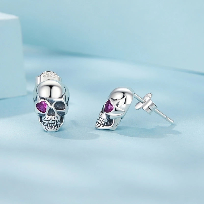 925 Sterling Silver Skull Stud Earrings with Purple Zirconia Eyes – Unisex Gothic Punk Halloween Halloween