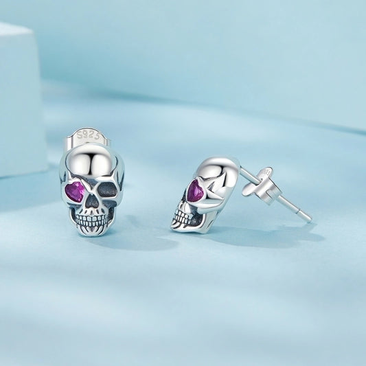 925 Sterling Silver Skull Stud Earrings with Purple Zirconia Eyes – Unisex Gothic Punk Halloween Halloween