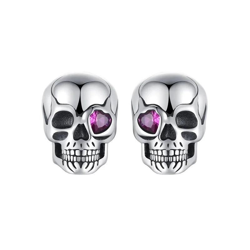925 Sterling Silver Skull Stud Earrings with Purple Zirconia Eyes – Unisex Gothic Punk Halloween Halloween