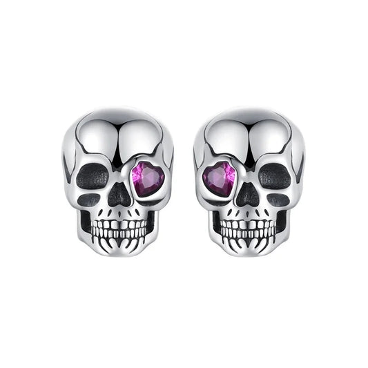 925 Sterling Silver Skull Stud Earrings with Purple Zirconia Eyes – Unisex Gothic Punk Halloween Halloween
