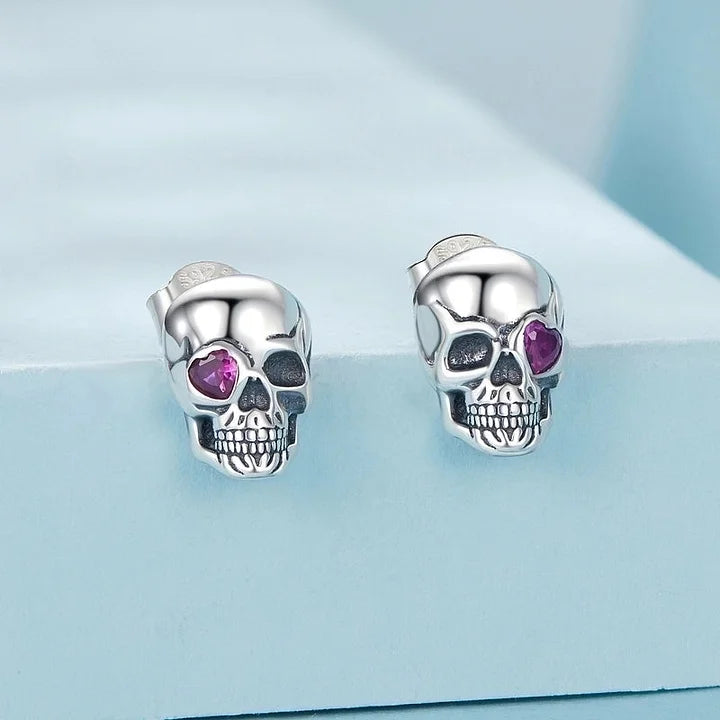 925 Sterling Silver Skull Stud Earrings with Purple Zirconia Eyes – Unisex Gothic Punk Halloween Halloween