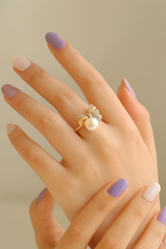 18K Gold Plated White Gold Plated 925 Sterling Silver Pearl Bow Knot Open Ring