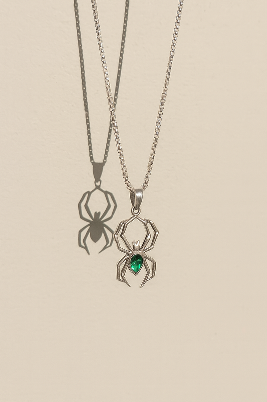 Gothic-inspired green gem spider necklace