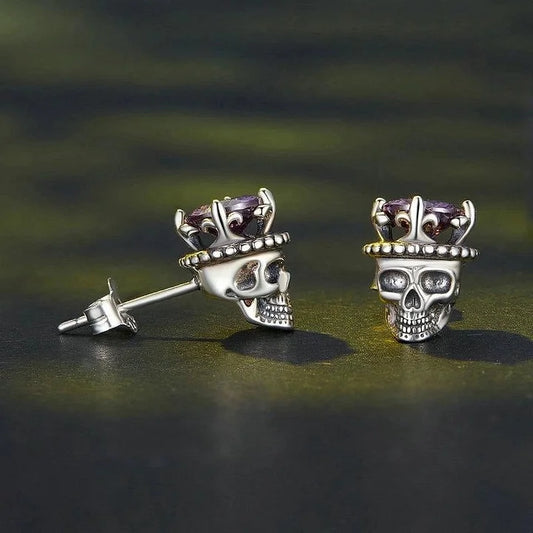 925 Sterling Silver Skull Stud Earrings with Zircon Inlay – White Gold Plated
