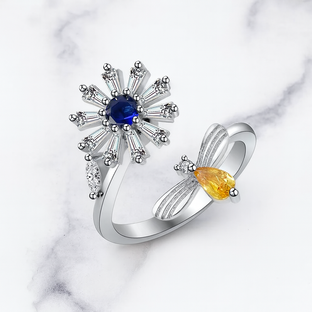 Silver-Plated Daisy & Bee Rotating Adjustable Ring