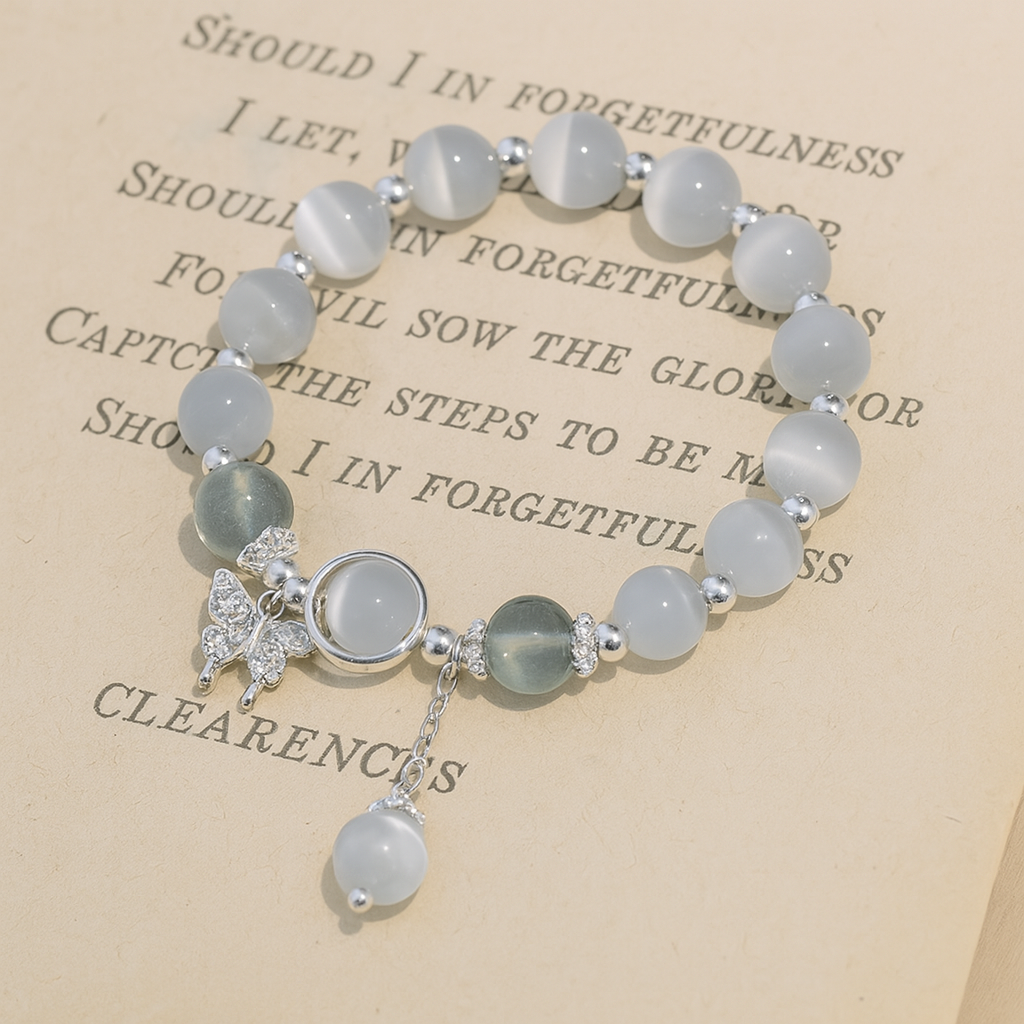 Charming Glass Cat's Eye Bead Bracelet with Butterfly Charm