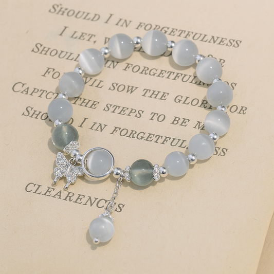 Charming Glass Cat's Eye Bead Bracelet with Butterfly Charm