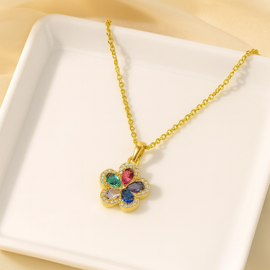 Rainbow Flower Titanium Steel Plating Inlay Zircon Gold Plated Pendant Necklace