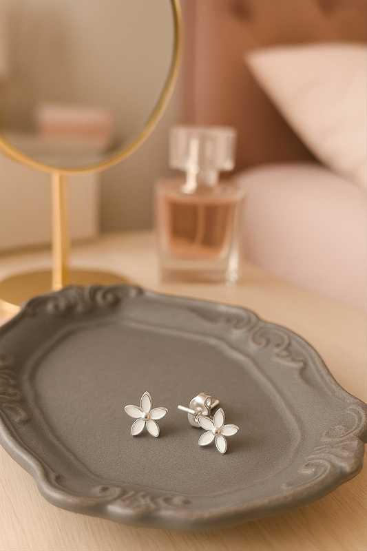 Sterling Silver Earrings - white enamel flower stud
