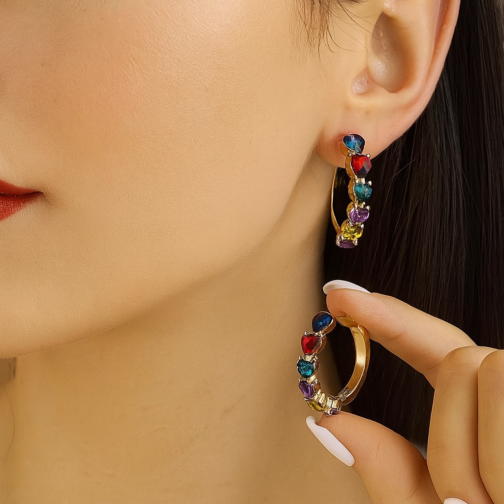 Fashion Hoop Earrings Heart-Shaped Rainbow Rhinestone