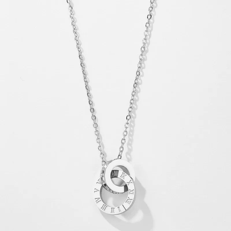 Exquisite Double Ring Roman Numeral Zircon Necklace – Waterproof Non-Tarnish PVD
