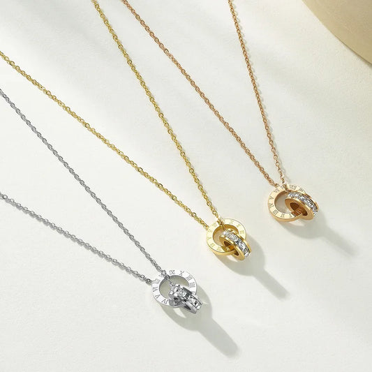 Exquisite Double Ring Roman Numeral Zircon Necklace – Waterproof Non-Tarnish PVD