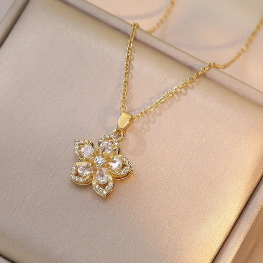Sweet Flower Titanium Steel Plating Inlay Rotating Pendant Necklace