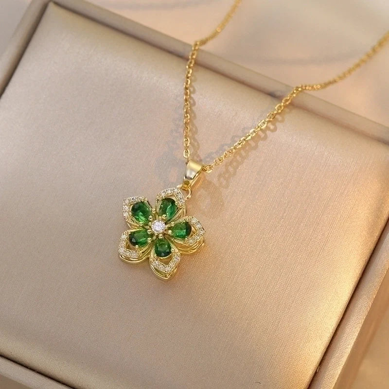 Sweet Flower Titanium Steel Plating Inlay Rotating Pendant Necklace