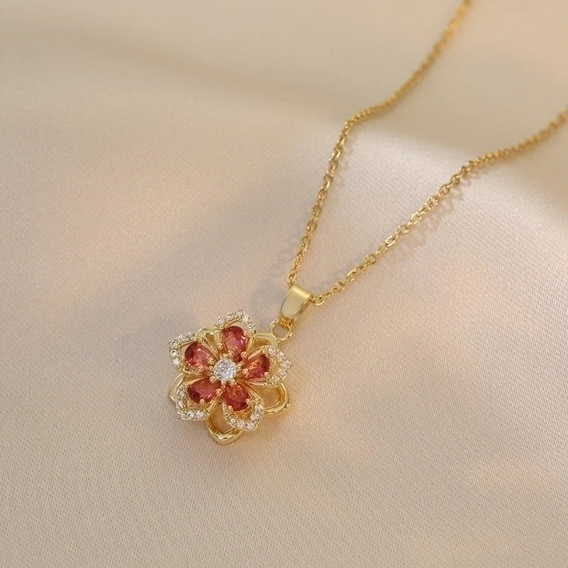 Sweet Flower Titanium Steel Plating Inlay Rotating Pendant Necklace
