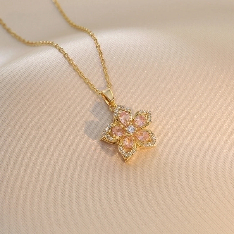 Sweet Flower Titanium Steel Plating Inlay Rotating Pendant Necklace