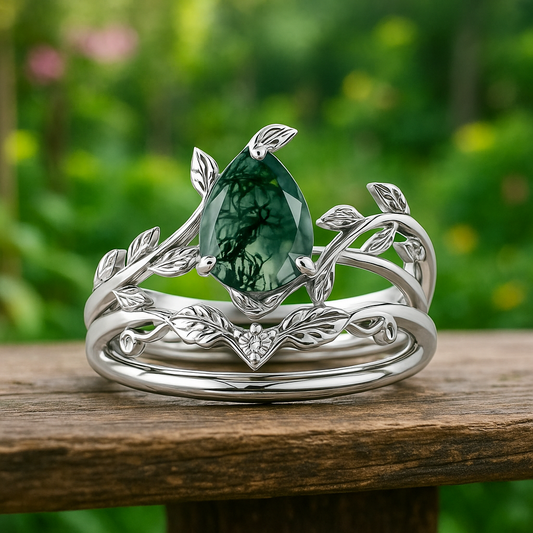 Moss Agate Ring Set – 925 Sterling Silver
