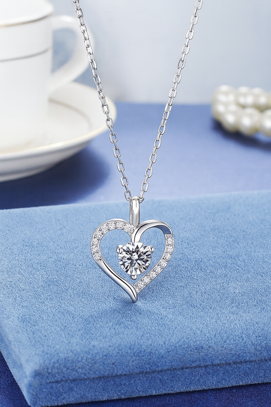 1.0ct Moissanite 925 Sterling Silver Heart Shape White Gold Plated Necklace