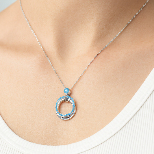 925 Sterling Silver - Light Blue Intertwined Rings Necklace