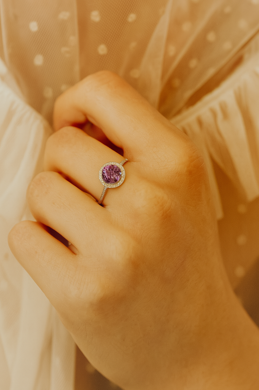 Sterling Silver Ring - Purple cubic zirconia centre with cubic zirconia surround