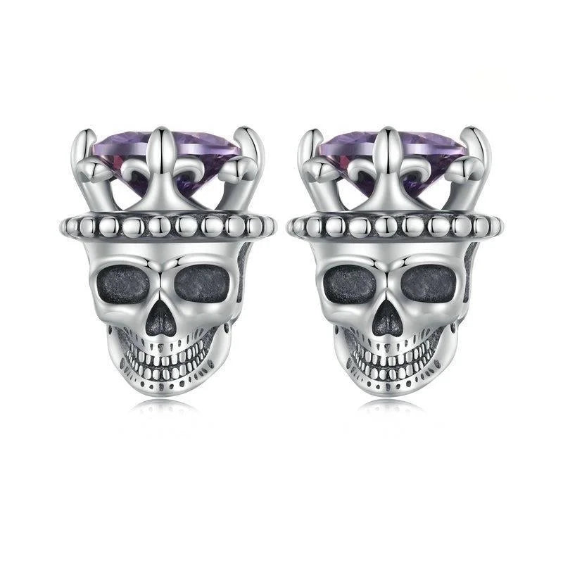 925 Sterling Silver Skull Stud Earrings with Zircon Inlay – White Gold Plated