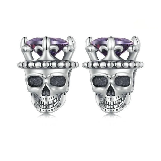 925 Sterling Silver Skull Stud Earrings with Zircon Inlay – White Gold Plated