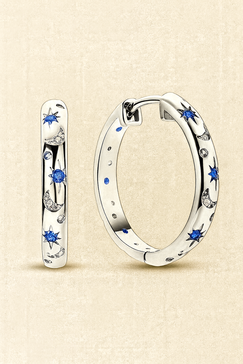Celestial Star & Moon Hoop Earrings – Blue Zircon Shine