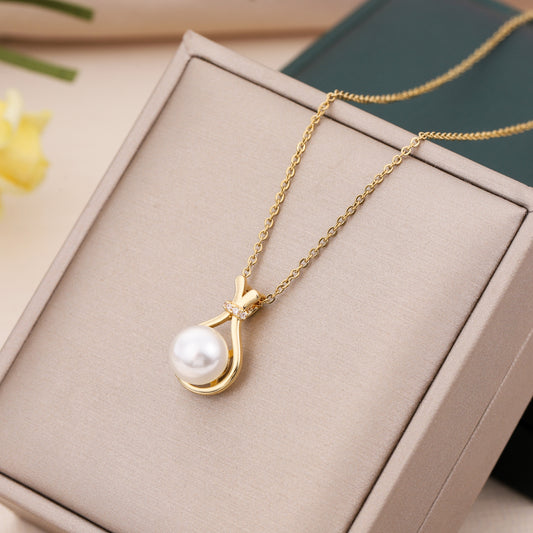 Elegant Simple Style Geometric Stainless Steel Plating Inlay Artificial Pearl 18k Gold Plated Pendant Necklace