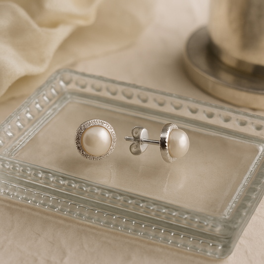 Sterling Silver Round Earrings -Fresh Water Pearl
